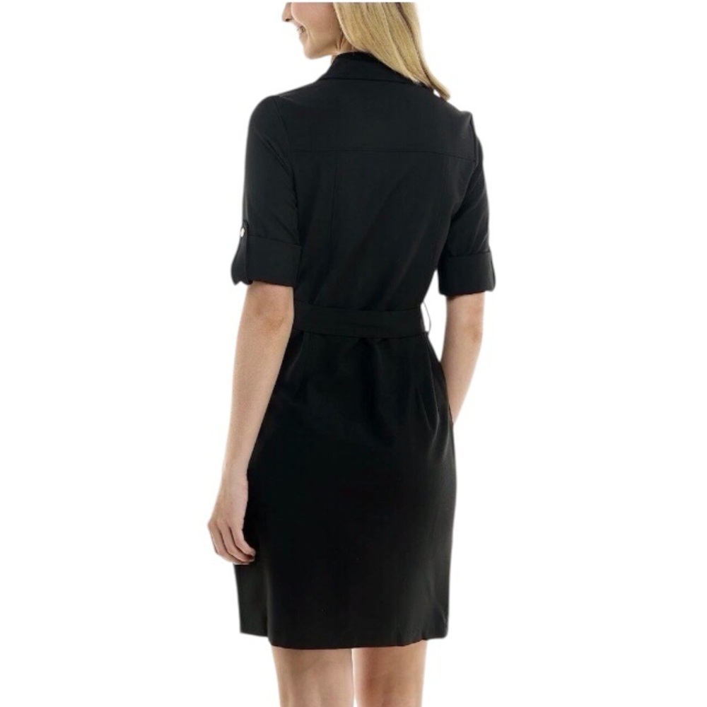 Sharagano Black Zip Front Utility Shirt Dress Faux Leather Trim Size 14